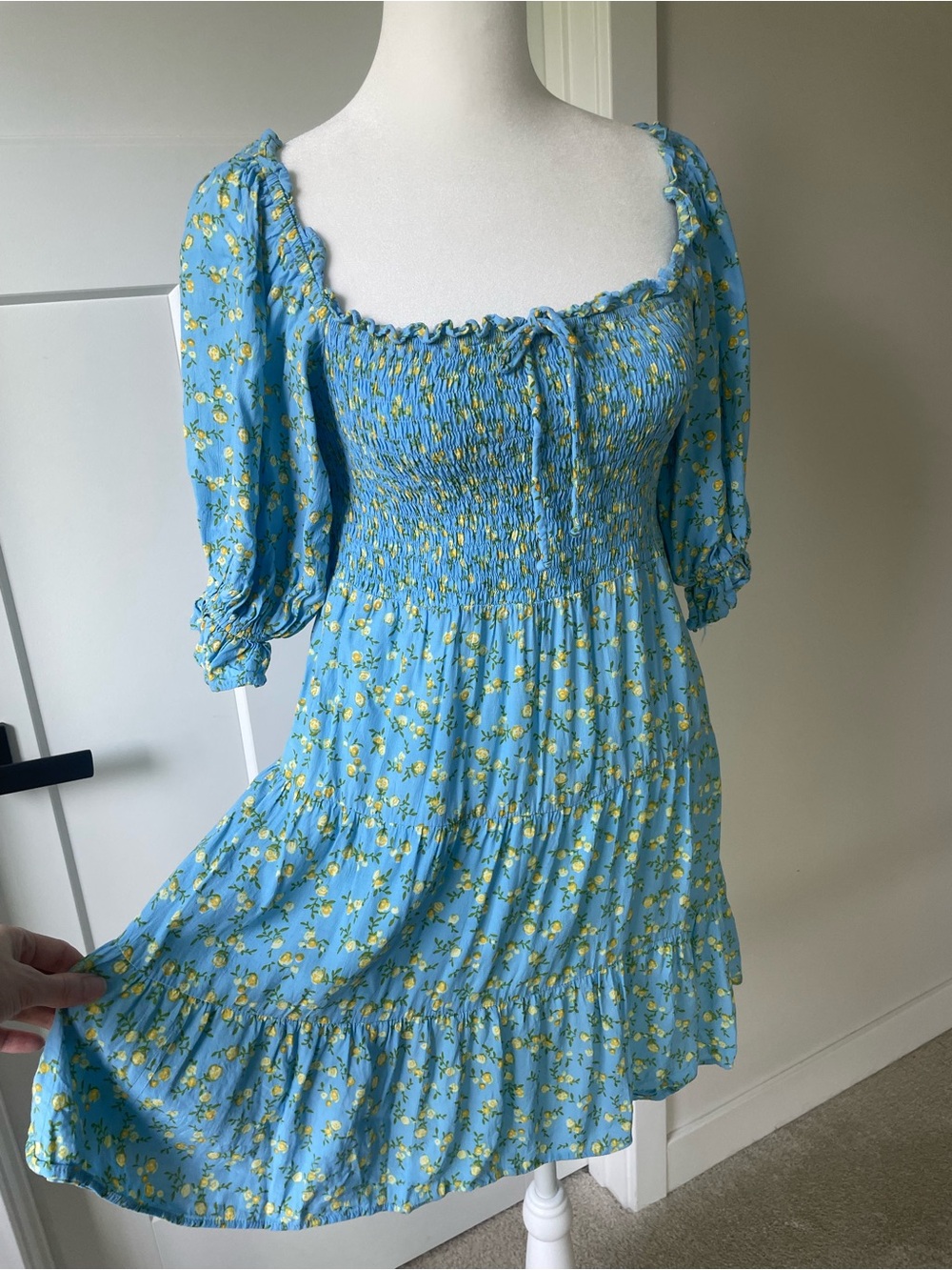 Faithfull the Brand Charlotte Mini Dress in Ana Print Blue Floral Smocked